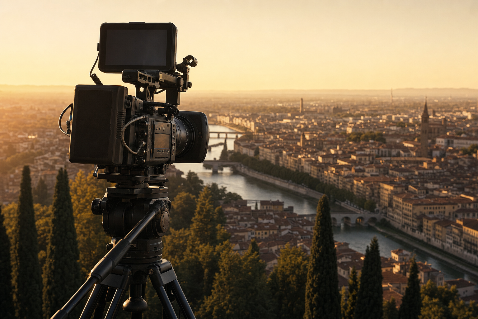 Cinepresa su treppiede affacciata su un panorama scenico di Verona