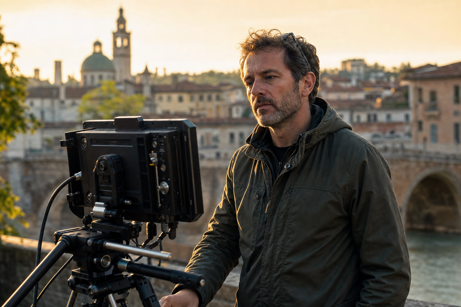 Marco Basile, regista, controlla un'inquadratura sul monitor camera durante un set documentaristico