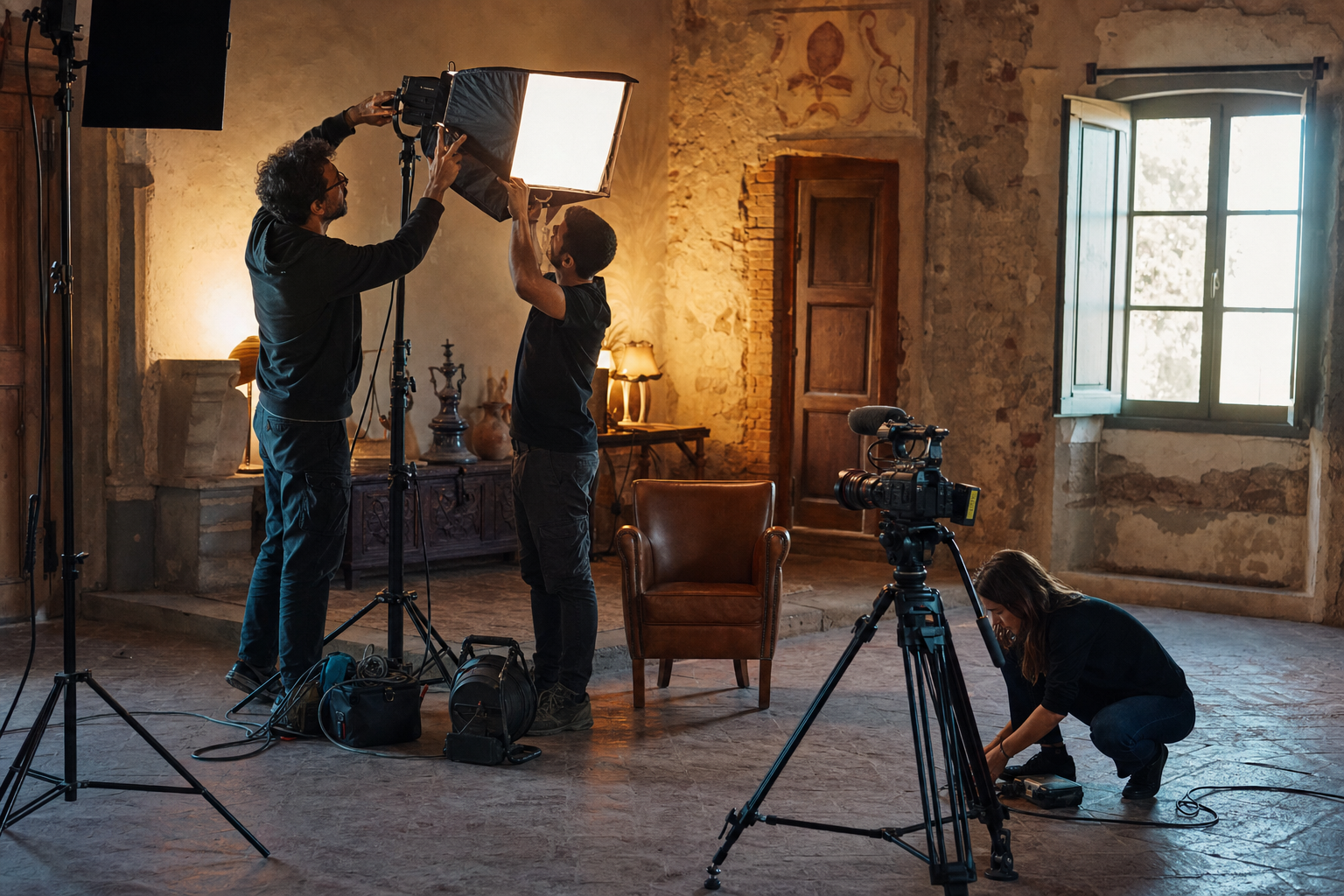 La troupe prepara l'impianto luci per una scena di intervista