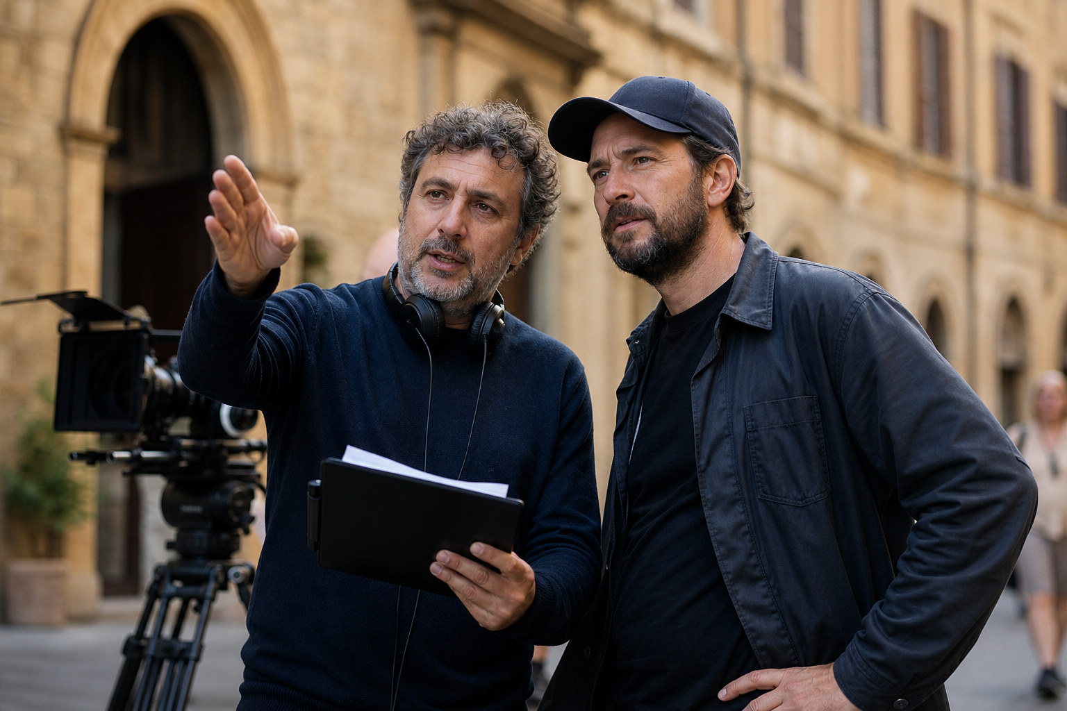 Il regista e il direttore della fotografia discutono la shot list in location