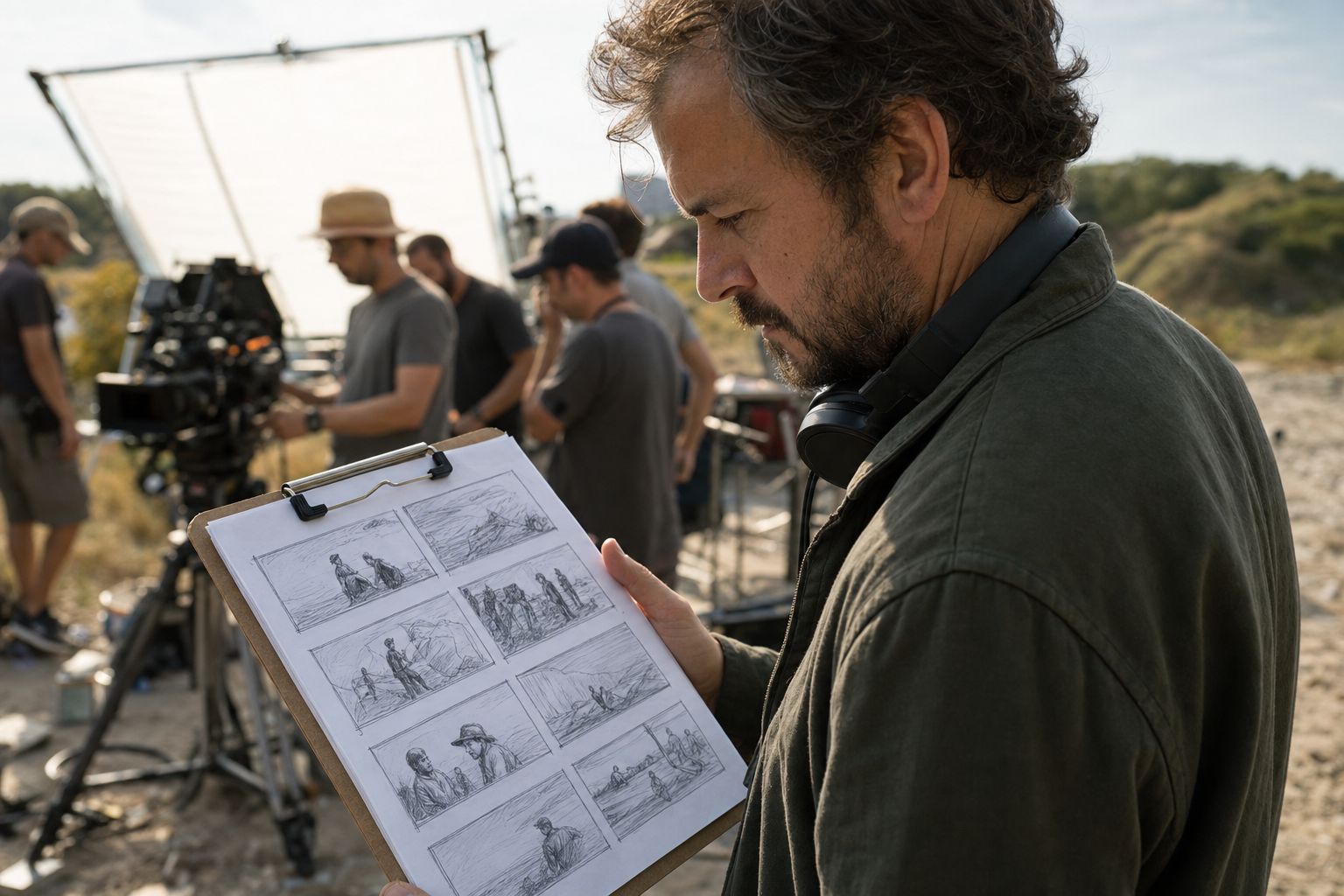 Marco Basile consulta lo storyboard disegnato sul set